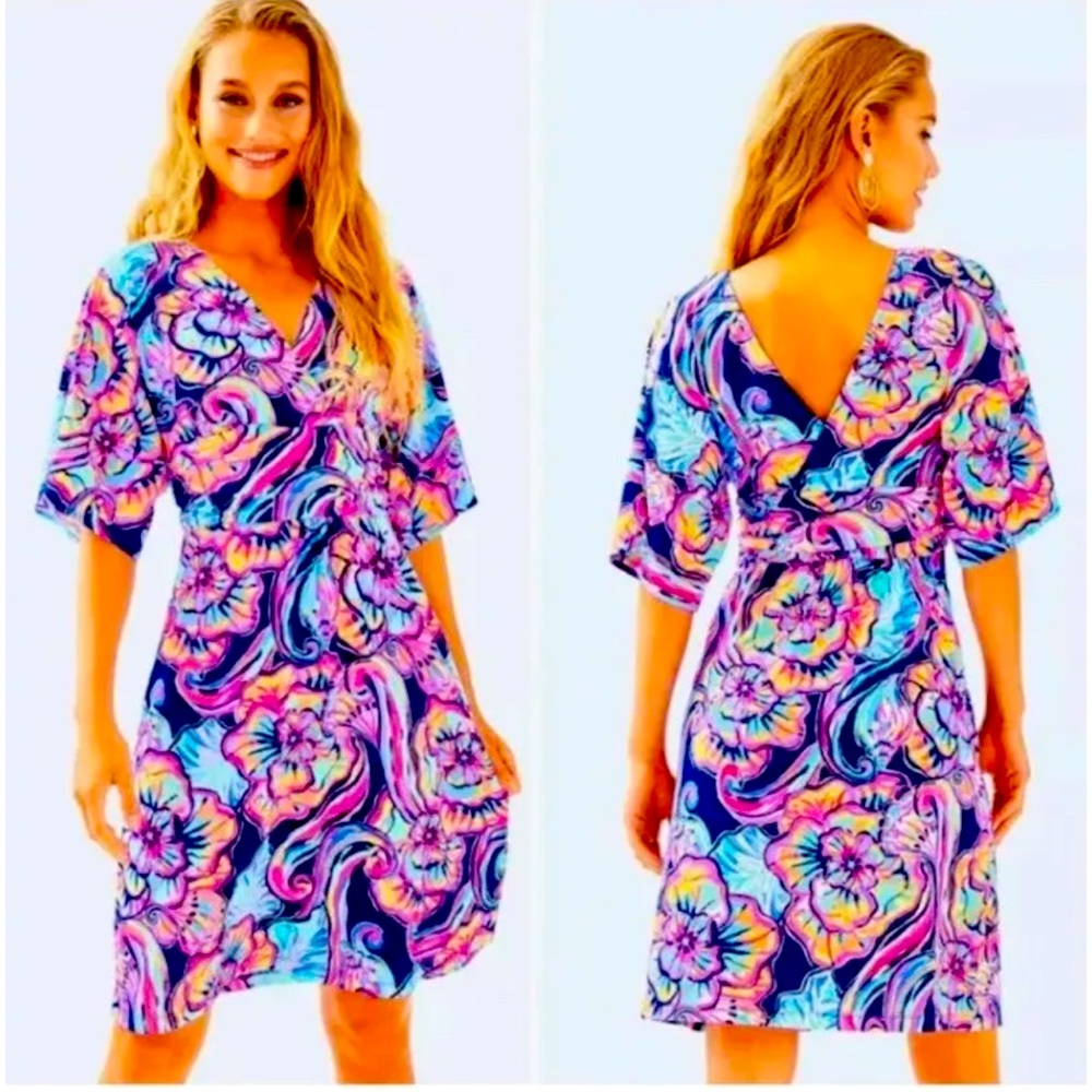 Lilly Pulitzer Navy Multicolor Floral V-Neck Midi Dress